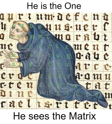 A grid of medieval handwritten letters drawn over a kneeling monk