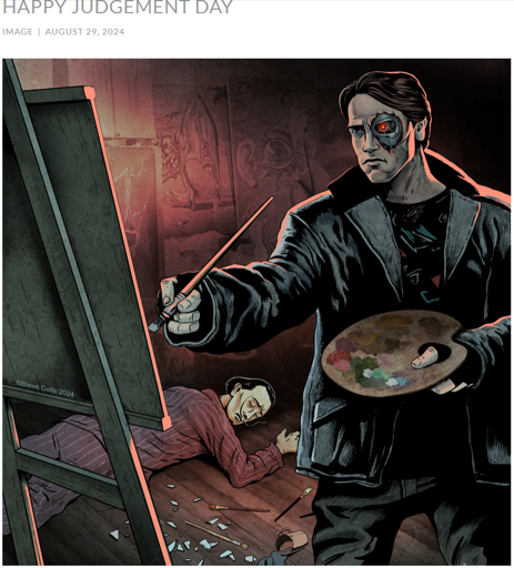 terminator robot trying to paint while standing near the body of a dead artist 