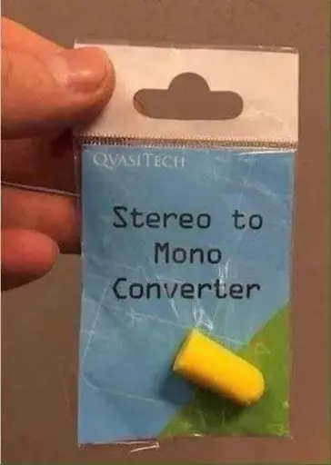 Picture of a singular earplug labeled "Stereo to Mono Converter"