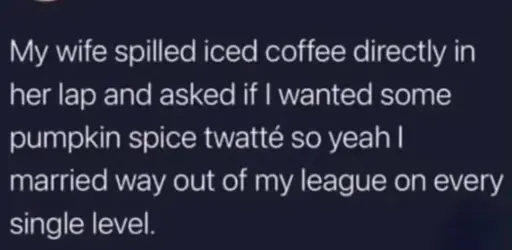 My wife spilled iced coffee directly in her lap and asked if I wanted some pumpkin spice twatté so yeah I married way out of my league on every single level.