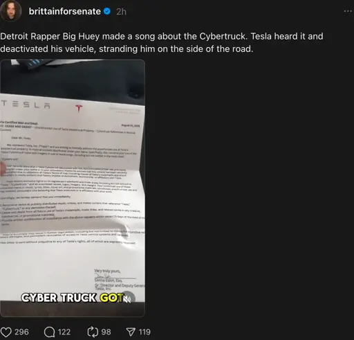 Threads post from, brittainforsenate:  Detroit Rapper Big Huey made a song about the Cybertruck. Tesla heard it and deactivated his vehicle, stranding him on the side of the road.